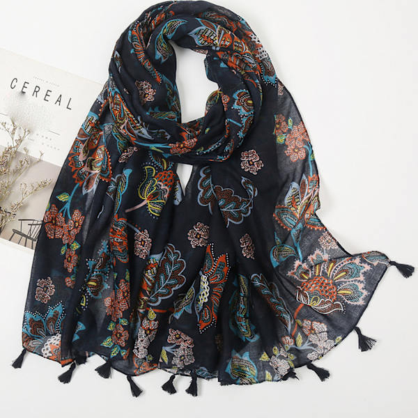 Mörk marinblå blommig scarf, 180-90cm