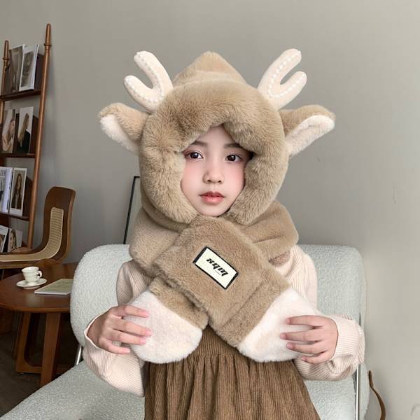 ##/Antler barnpläd varm halsduk hatt 2-i-1, Khaki##/