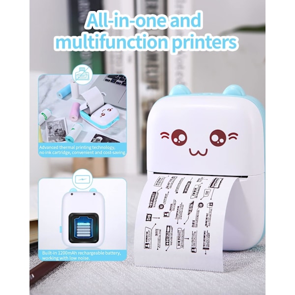 Mini Bærbar Termisk Fotoprinter (Blå) Trådløs BT Lommeprinter