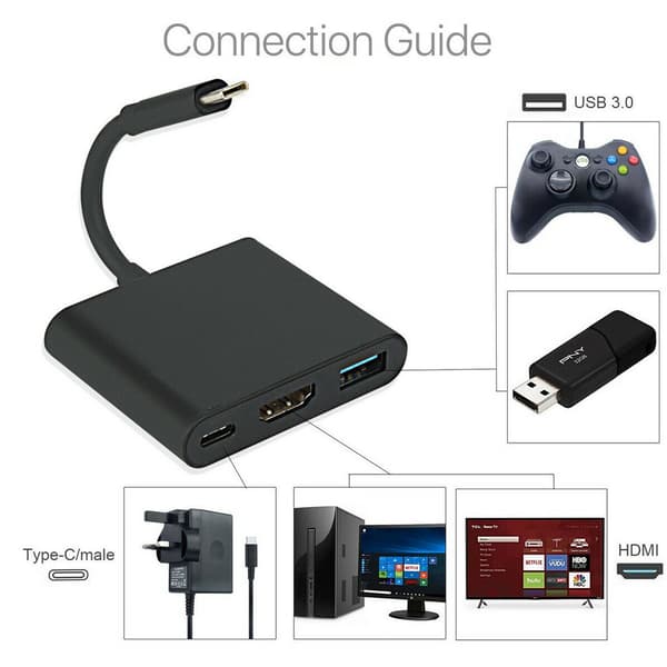 (Svart) 4K 1080 HDMI-adapter for Switch, 3-i-1 USB 3.0 PD Multi