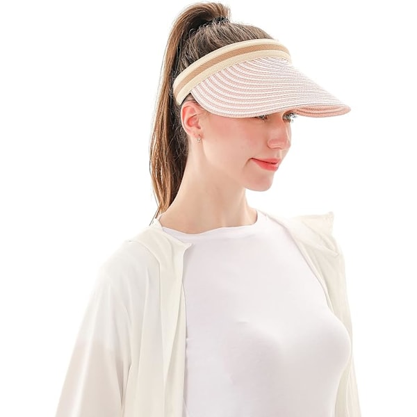 Sommerhatt for kvinner med bred brem, rosa stråhatt, rosa stråhatt