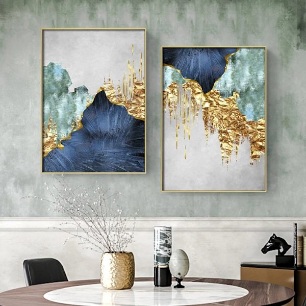 ##/Stue dekorativt maleri - Blå og guld kurve - 30*40*3, ##/