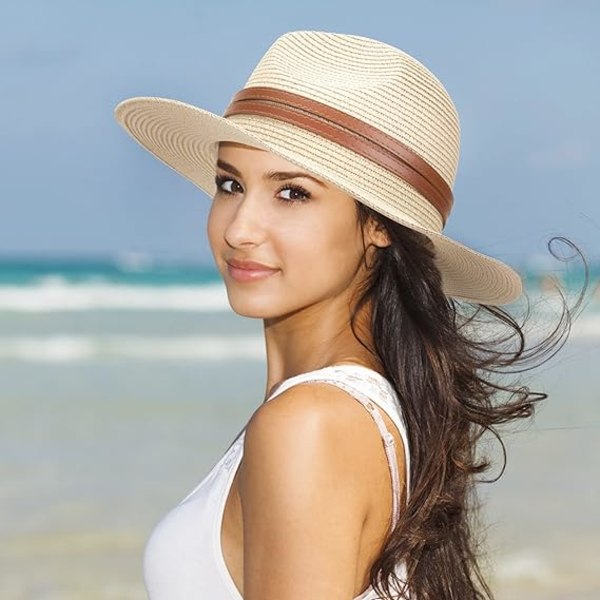 Melkehvit- stråhatt kvinner sammenleggbar solhatt med bred rand UV-beskyttelse