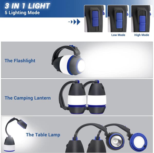 Quad 3-i-1 LED Campinglys & Håndholdt Lommelykt & 5-Modus Skrivebordslampe