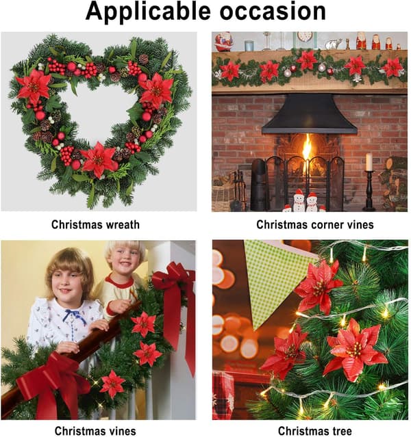 (Blå) 45 stk. Jule Poinsettia Dekorationer Glitter Poinsett