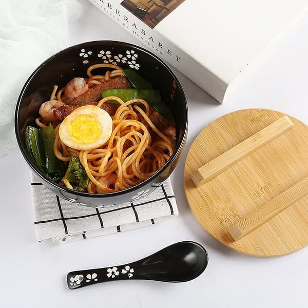 Ramen skål set, japanska ramen nudelskålar med lock och sked, stor
