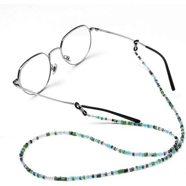 Helmillä varusteltu silmälasiketju (vihreä), silmälasiketjun pidike Helmillä varustettu silmälasi