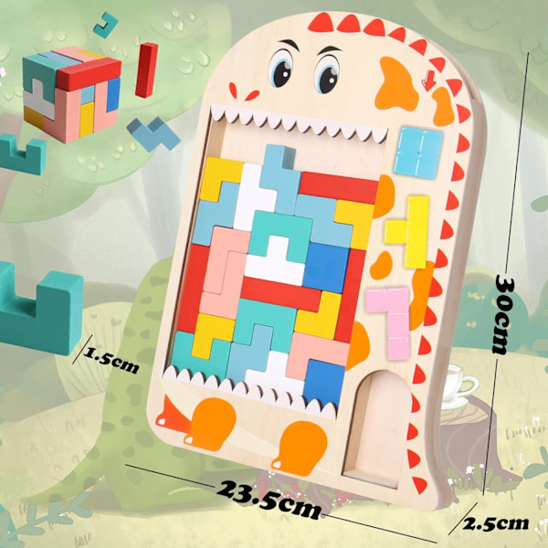 Träpussel Tetris för Barn (Dinosaurie), 3D Pussel Montessori Leksaker