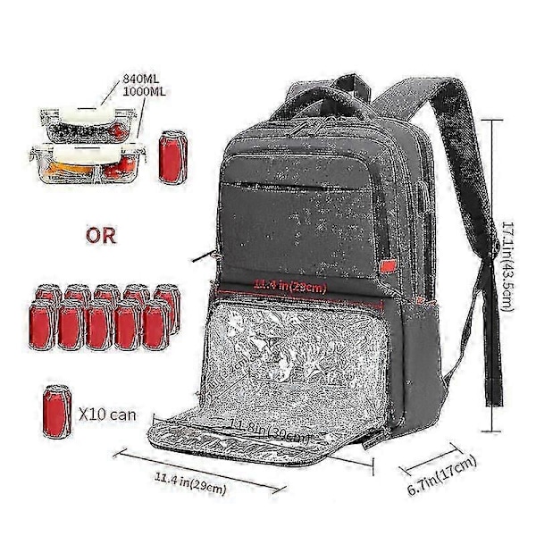 Lunchryggsäck för kvinnor, isolerad kylryggsäck med lunchfack, skolväska med USB-port, lämplig för 15,6-tums laptop