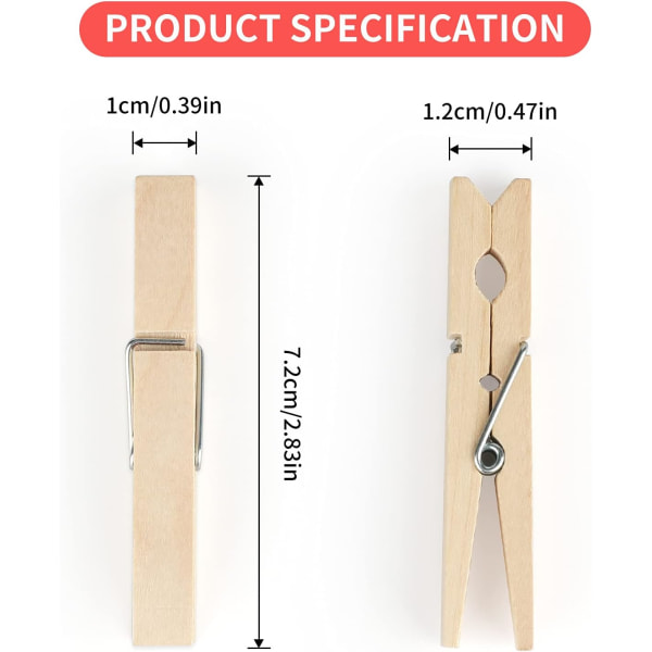 Träklädnypor 7,2 cm - Set med 100 Dekorativa Träklädnypor