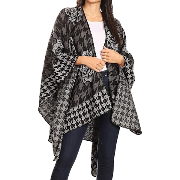 ##/Dames Modebevidst Blomstermønstret Vendbar Shawl Kappe - Sort, Shawl S##/