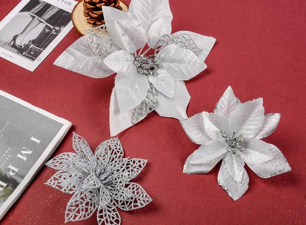 12 stycken konstgjorda julstjärnor julblommor glitterprydnader
