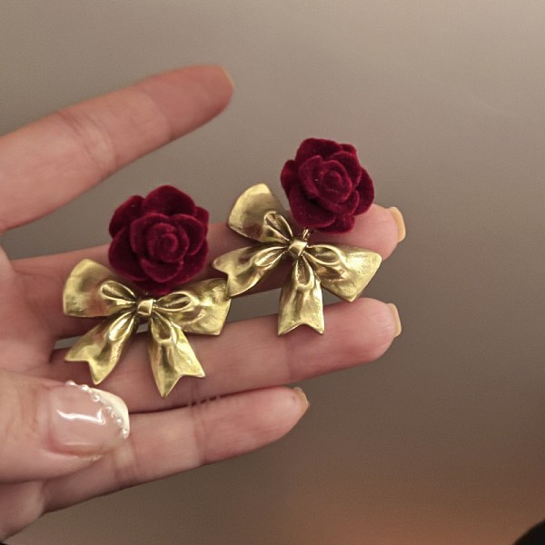 Silver needles flocked red flowers earrings temperament earr