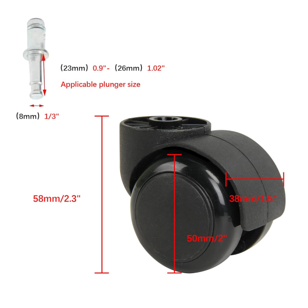 2 Inch Black Silent Stemless Caster, Office Chair Wheels Replacem
