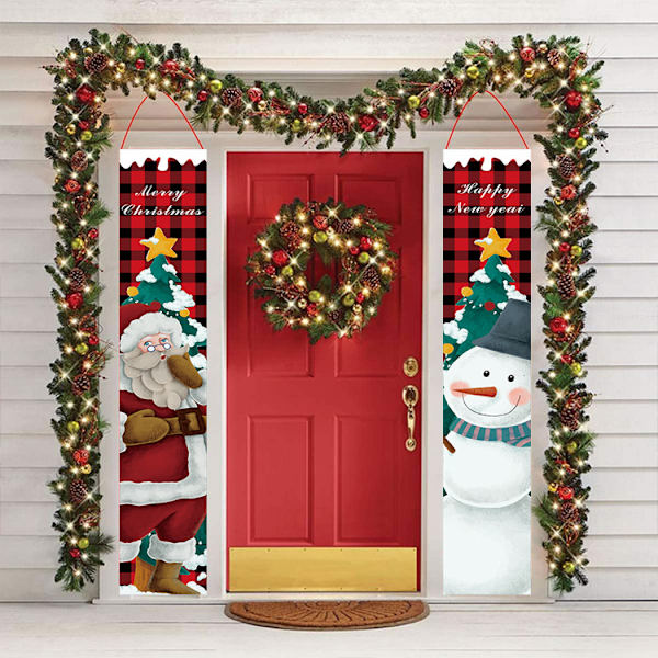 ##/Udendørs Juledekoration Banner - Rød Ternet Snemand, Jul##/