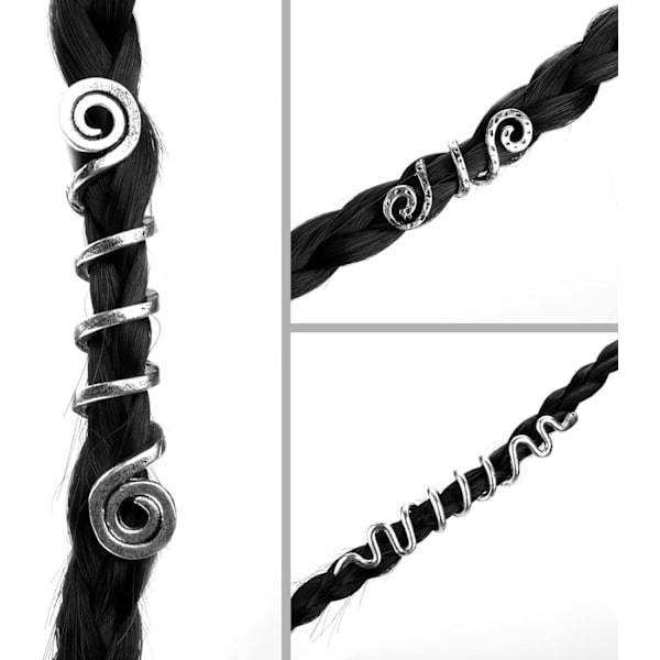 28 stycken metallspiralformade vikingahårfläta-pärlor (silver), fläta