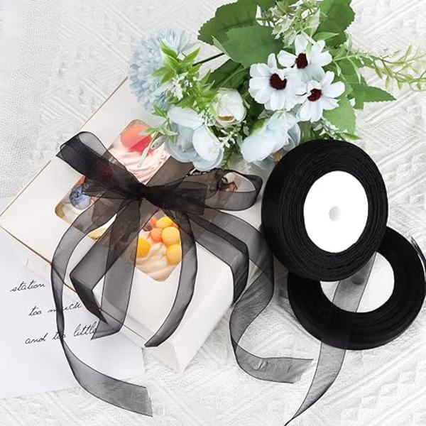 2 rullar Organza-band (svart band), transparent chiffongband