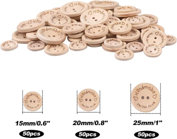 Trelknapper, 150 stykker Håndlagde Knapper, 2 Hull Naturtre