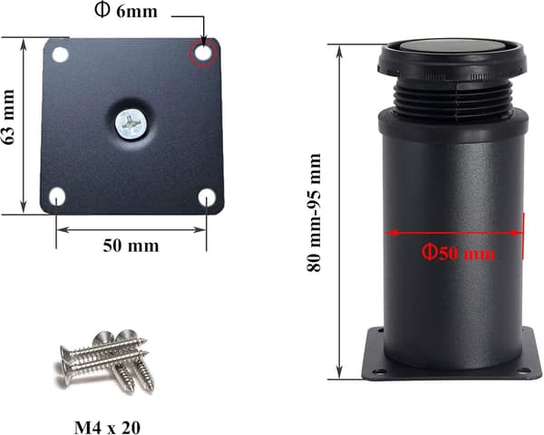 4 Justerbara Svarta Ben 80mm Höjd Tjock Kabinettben Bord L