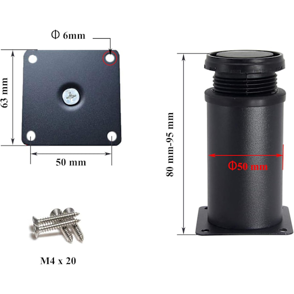 4 Justerbare Sorte Ben 80mm Højde Tykke Skab Ben Bord L
