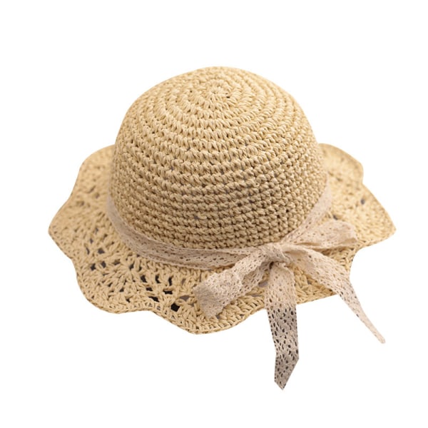 Sommerhatt i strå for babyjente, beige, 8-48 måneder med blonderibbe