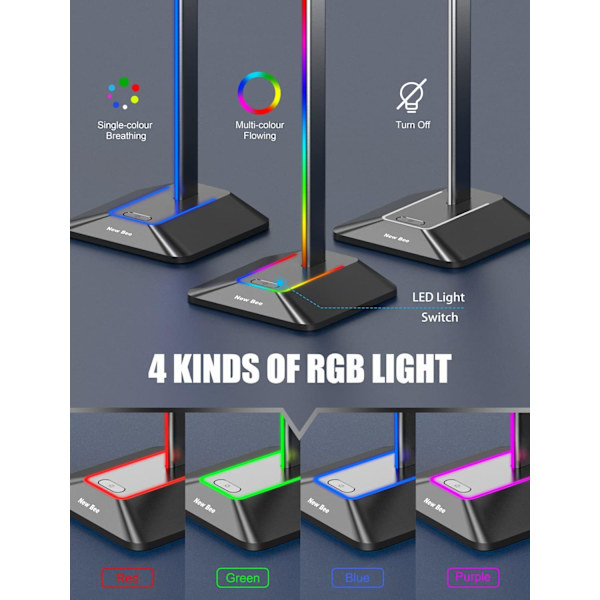 Hodetelefonstativ RGB-hodesettholder med 2 USB