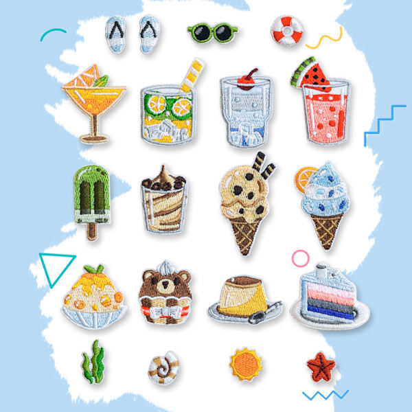 ##/20 broderade badges med sommarte-tema för sömnad##/