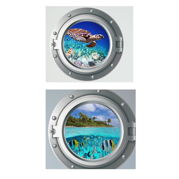 Två set 35x35cm Väggdekaler 3D Rundfönster Underhav Världen Vägg
