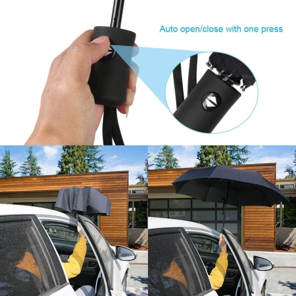 Sort sammenklappelig paraply, kompakt automatisk paraply sammenklappelig åben