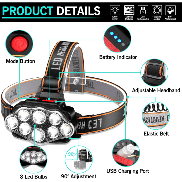 LED-otsalamppu, erittäin kirkas 8 LED-otsalampun USB-latattava vedenkestävä