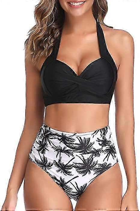EVAGO Tvådelad Vintage Baddräkt Retro Halter Rynkad Hög Midja Bikini Med Underdel Svarta Blommor XL