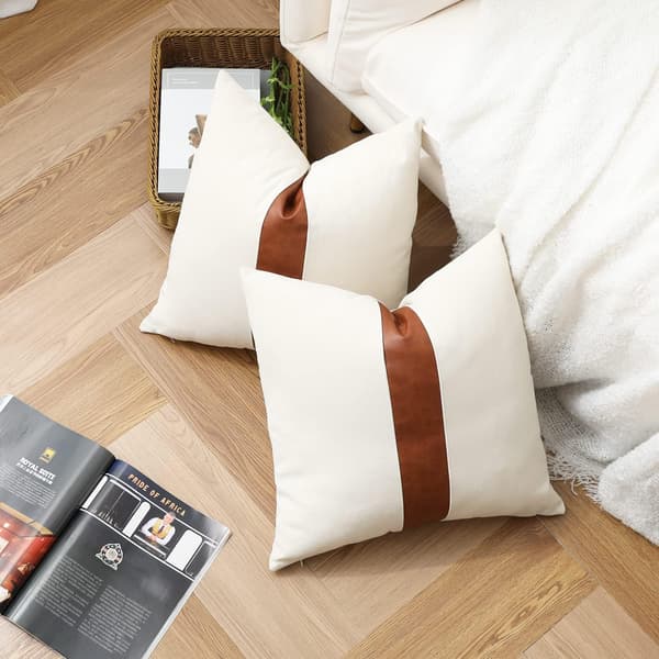 Pudebetræk 45 x 45 cm, Beige Bomuld Kunstlæder Lændepude Dekoration