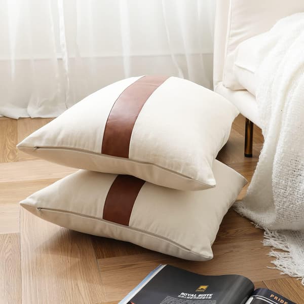 Pudebetræk 45 x 45 cm, Beige Bomuld Kunstlæder Lændepude Dekoration