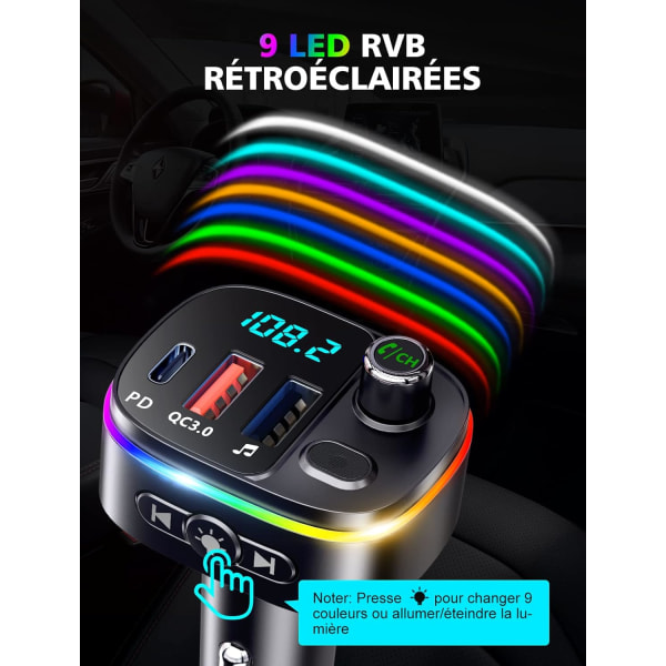Bluetooth 5.0 FM-lähetin, QC3.0 & PD 18W USB C Bluetooth-auto