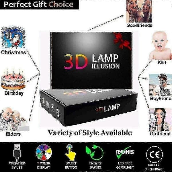 3D Optisk Illusionslampe LED Natlys, 7 Farver Touch Sengelampe Soveværelse Bord Kunst Deco Barn