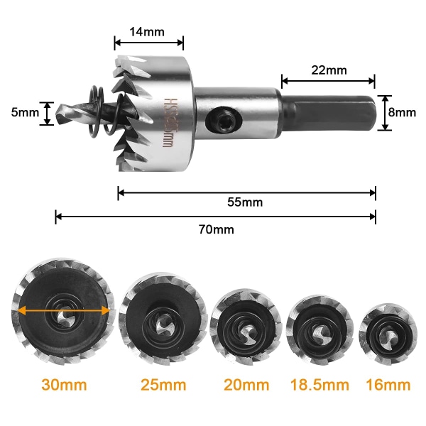 Hålsågset, 5 st Kobolt HSS Hålsågar ?16/18,5/20/25/30mm, Hög
