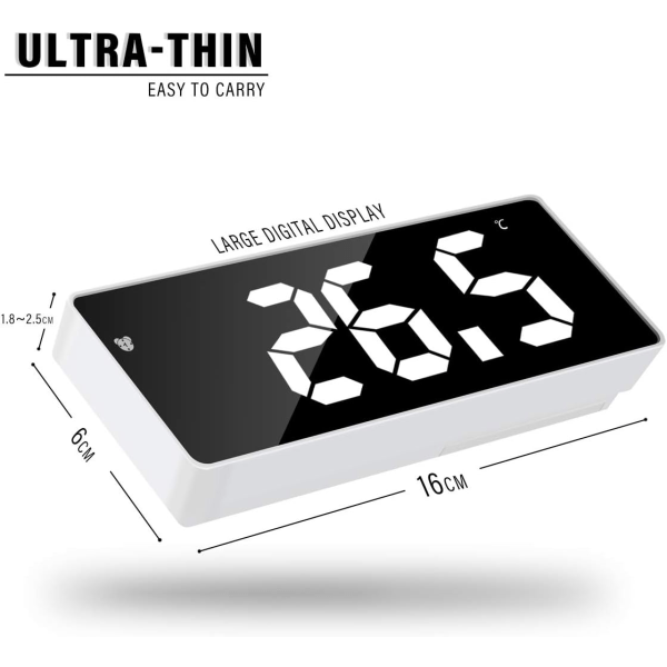 Vit Digital Väckarklocka, 6,7\" LED-Spegel Digital Klocka Sängbord