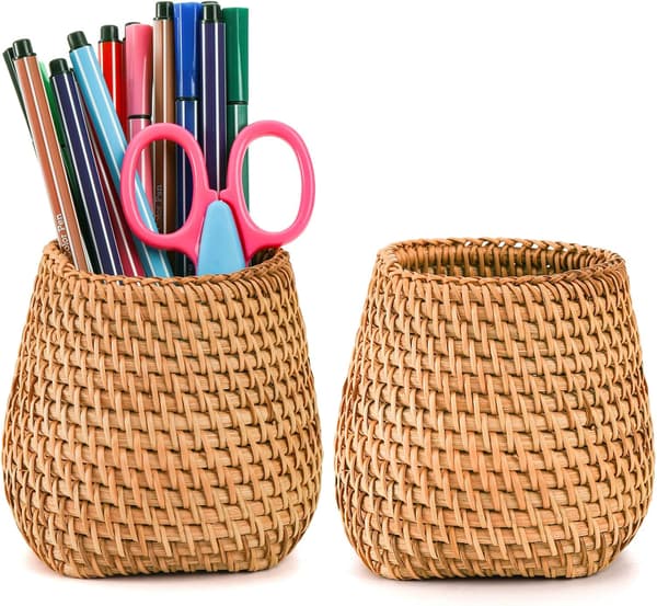 Set med 2 Rattan Pennskåp för Skrivbord, Handgjorda Pennkoppshållare