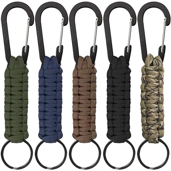 5-pak Paracord nøglering med karabin, flettet snor til nøgler