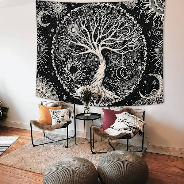Livets Træ Vægtæppe Måne og Sol (150x200cm) Sort Psykedelisk