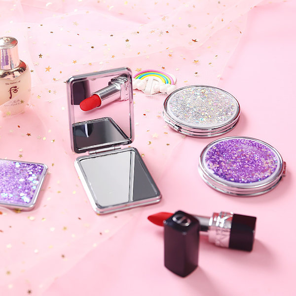 ##/Fällbar kompakt och bärbar spegel - rosa, glittrande flytande sand,##/