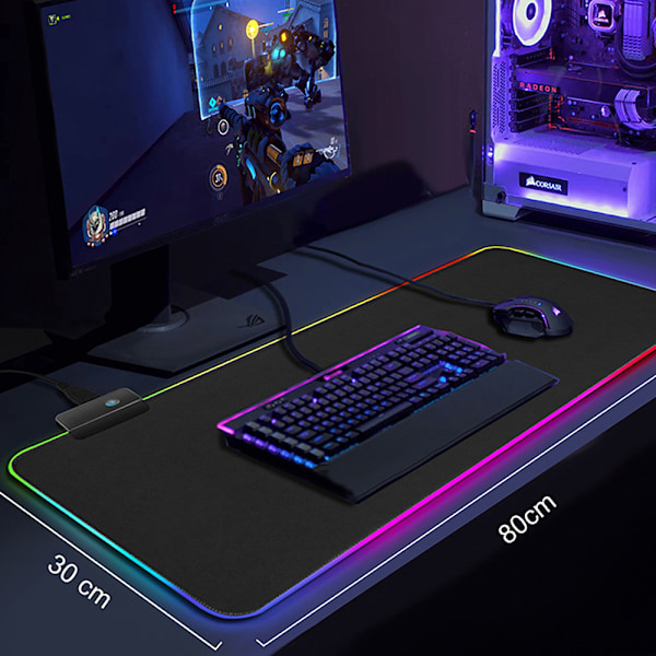 (Svart, 800*300*4mm) Extra Stor RGB Spelmusmatta - Halksäker