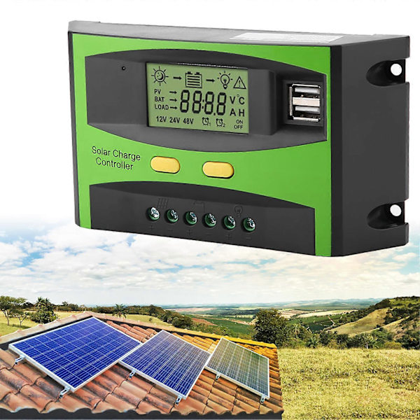 PWM Smart Dual USB Solcellepanel Ladekontroller Regulator LCD-skjerm 12V 24V 20A