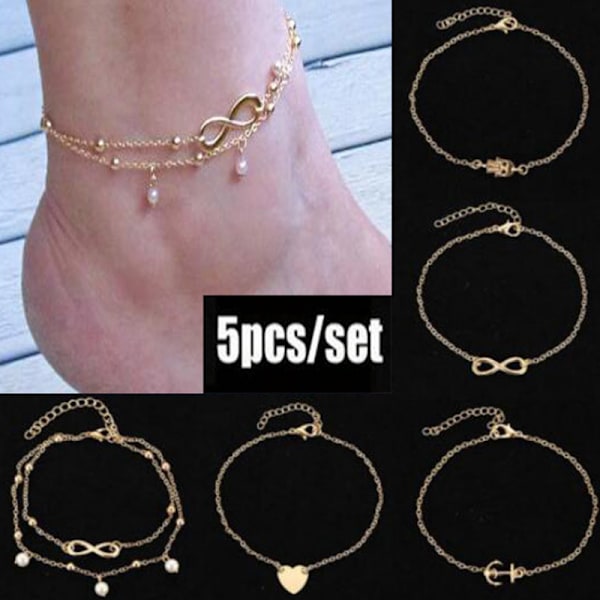 5 kpl (kulta) Anklet-helmi Anklet-ranneke Helmi Ketju Jalka Korut