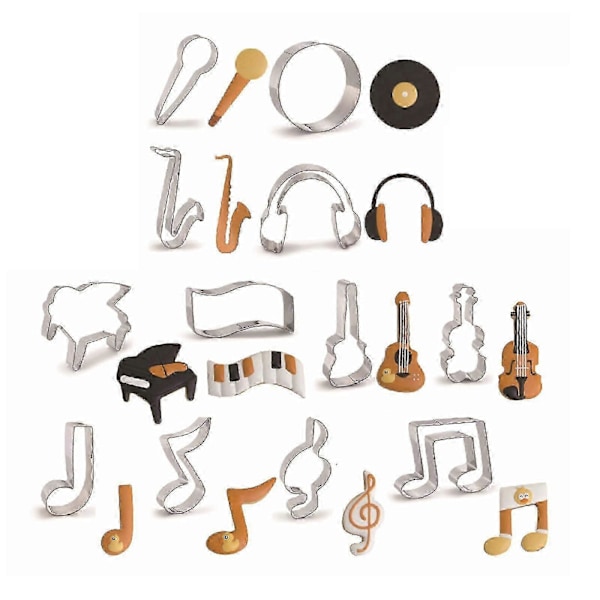 Set med 12 kakformar, kakskärare med musiknoter och instrumentformade