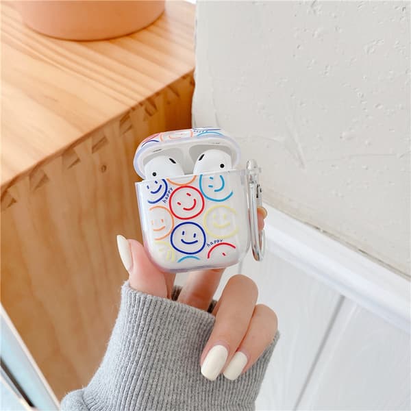 Søt gjennomsiktig Airpod 2/1 etui med nøkkelring, tegneserie Smiley P