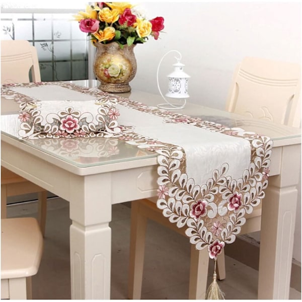 ##/40*200cm，Modern table runner, tablecloth polyester hollow embroidery pink##/