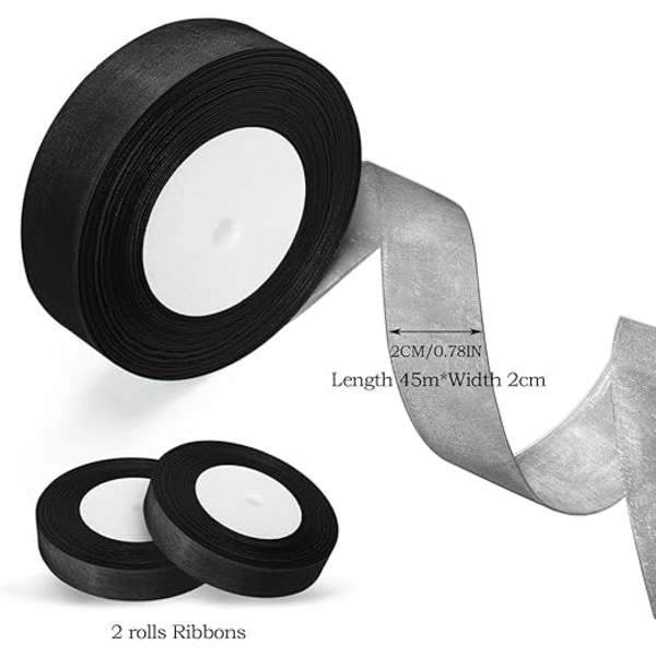 2 rullar Organza-band (svart band), transparent chiffongband