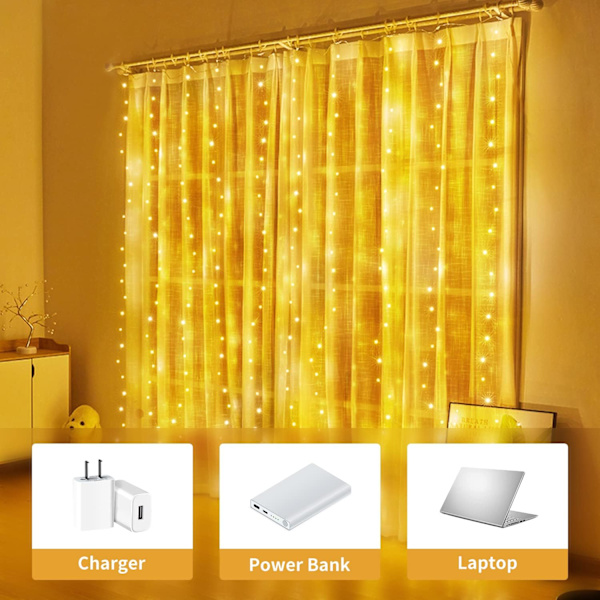 300 LED Lysgardin - Varm Hvid, 3m*3m, 8 Dæmpbare Belysnings M