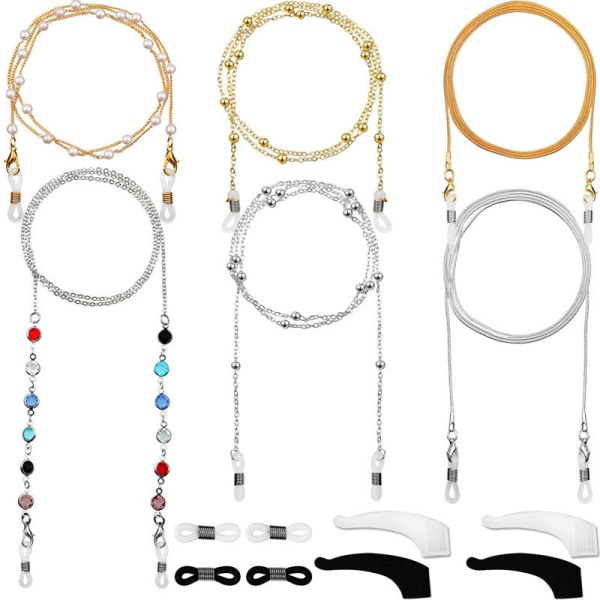 6 stycken gyllene, silverfärgade glasögonkedjor Eleganta glasögonhållare